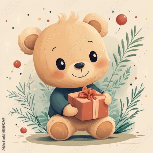 Obraz na płótnie Birthday teddy bear, cartoon style, muted colors, flat, vector style w salonie
