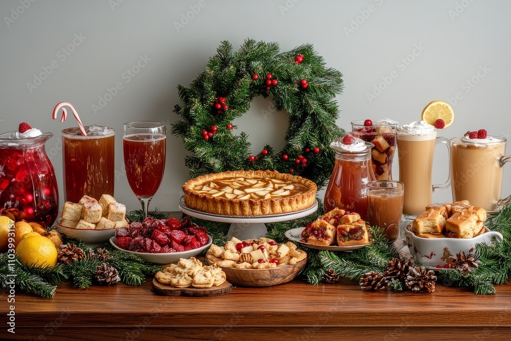 Festive table with glasses, mugs, plates of Christmas treats, spiced mulled wine, hot apple pies, and a wreath with greenery. Festive table with glasses, mugs, plates of Christmas treats, spiced mulled wine, hot apple pies, and a wreath with greenery.