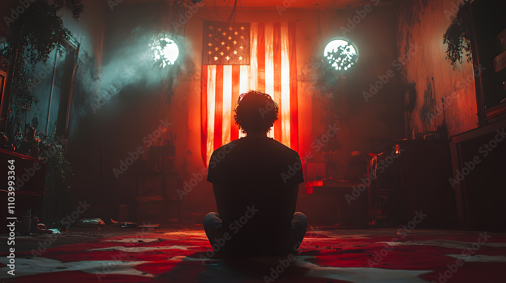 A cinematic still of a man kneeling in front of an American flag at sunset, capturing a solemn moment of reflection and patriotism, with dramatic lighting and a warm color palette.
A cinematic still of a man kneeling in front of an American flag at sunset, capturing a solemn moment of reflection and patriotism, with dramatic lighting and a warm color palette.