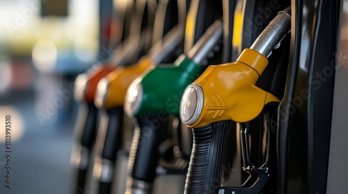 Fuel dispensers at a gas station during a sunny day in a suburban area