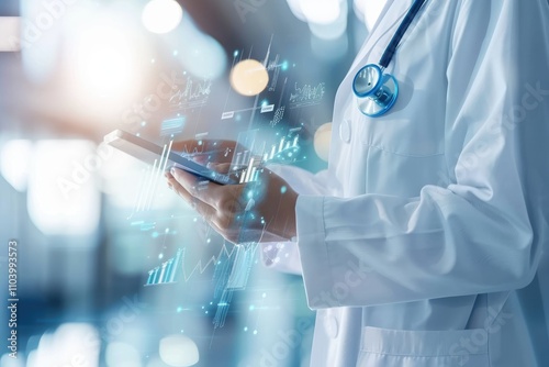 A healthcare professional using a digital device with data graphics overlay.