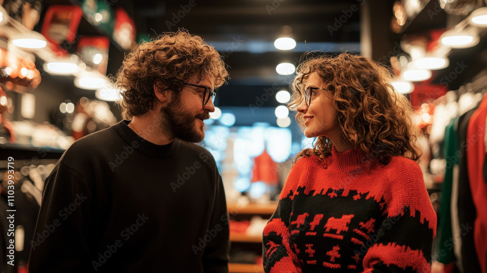 Fototapeta premium couple smiles at each other while shopping for holiday sweaters