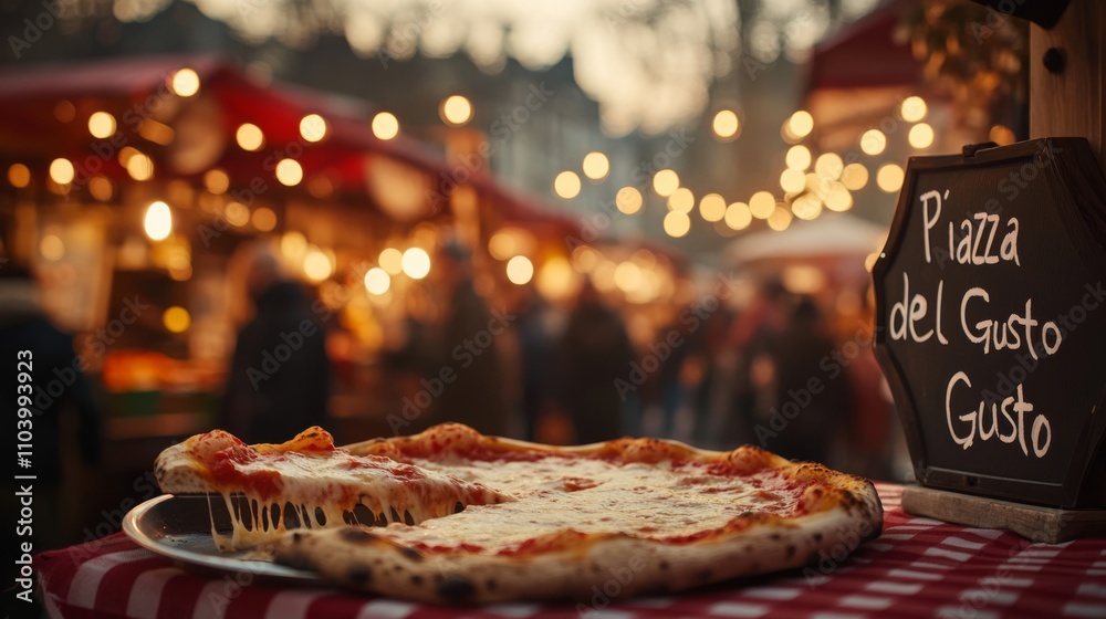 Is visible, with people laughing, warm market lights, and colorful market stalls. the evening light casts a warm glow on the scene, emphasizing the inviting charm of the piazza