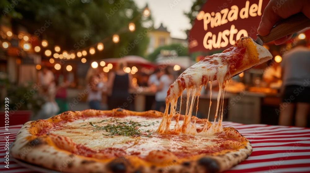 Is visible, with people laughing, warm market lights, and colorful market stalls. the evening light casts a warm glow on the scene, emphasizing the inviting charm of the piazza