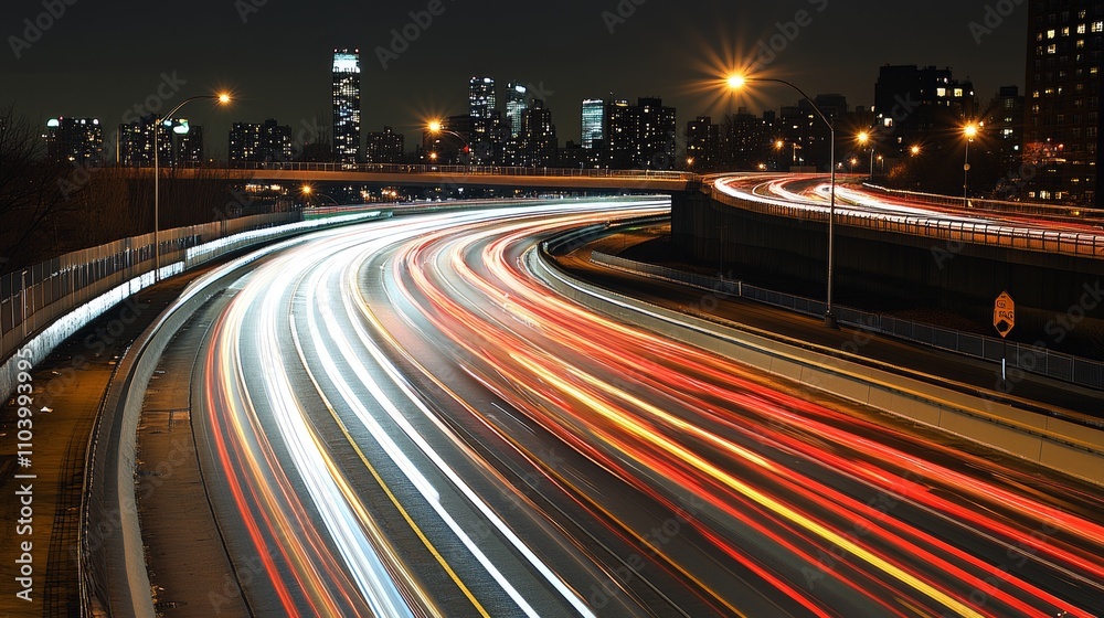 Nighttime cityscape with light trails from moving vehicles on a highway. Nighttime cityscape with light trails from moving vehicles on a highway.