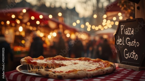 Obraz na płótnie Is visible, with people laughing, warm market lights, and colorful market stalls. the evening light casts a warm glow on the scene, emphasizing the inviting charm of the piazza w salonie