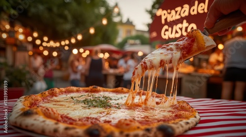Obraz na płótnie Is visible, with people laughing, warm market lights, and colorful market stalls. the evening light casts a warm glow on the scene, emphasizing the inviting charm of the piazza w salonie
