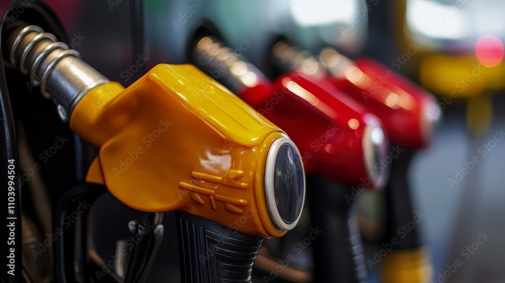 Fuel nozzles in bright colors lined up at a gas station showing various options available