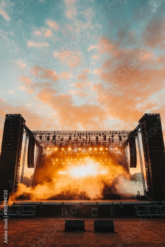 Dramatic Sunset Concert Stage Illuminated Steel Structure in Orange Glow against Teal Sky - Music Event or Festival Concept