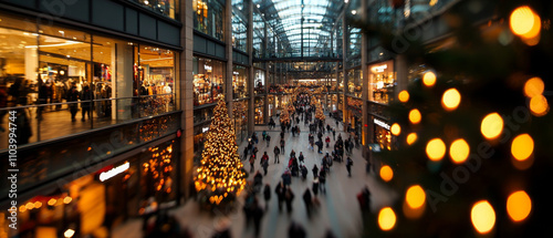 Busy shopping mall decorated for holidays with festive lights