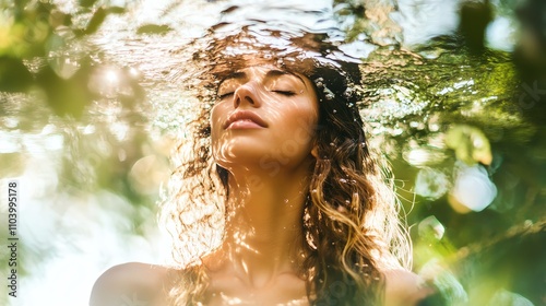 Mindful woman in natural double exposure with flowing water, embodying awareness, transformation, and inner clarity photo