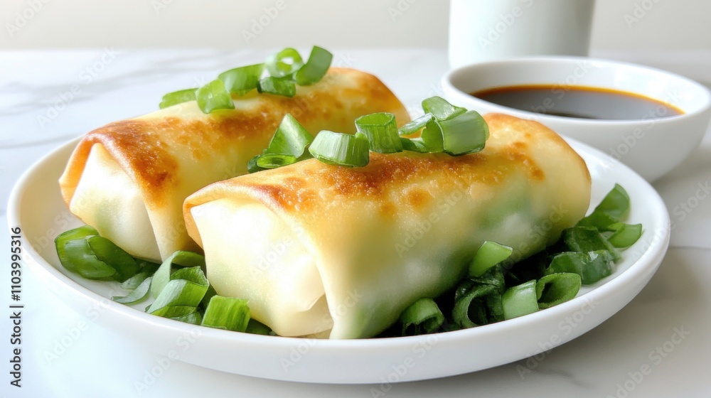 Crispy spring rolls served on a plate with fresh green onions and a side of dipping sauce. Crispy spring rolls served on a plate with fresh green onions and a side of dipping sauce.