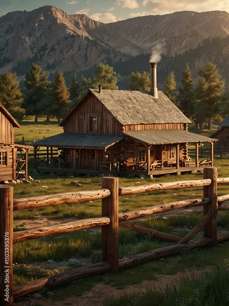 3D illustration of a traditional western farmhouse with wooden buildings. 3D illustration of a traditional western farmhouse with wooden buildings.