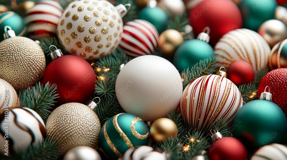 Detailed close-up of red, gold, and green christmas baubles, tightly packed background Detailed close-up of red, gold, and green christmas baubles, tightly packed background