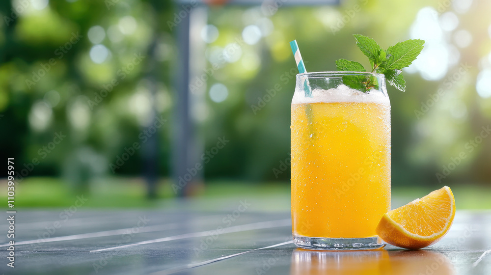 Refreshing sports drink with mint and orange slice on basketball court. Perfect for hydration during outdoor activities Refreshing sports drink with mint and orange slice on basketball court. Perfect for hydration during outdoor activities