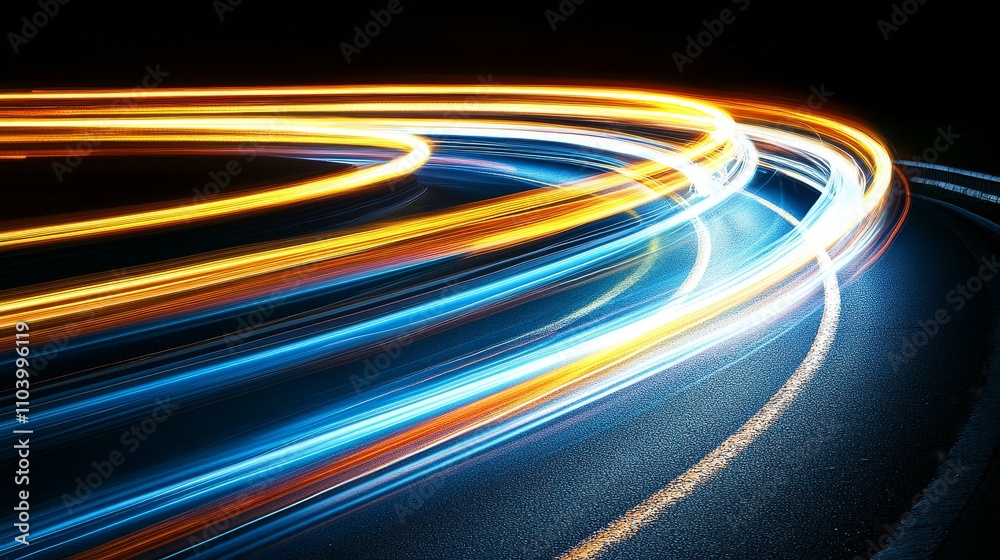 A dynamic display of colorful light trails on a dark road, illustrating speed and motion. A dynamic display of colorful light trails on a dark road, illustrating speed and motion.
