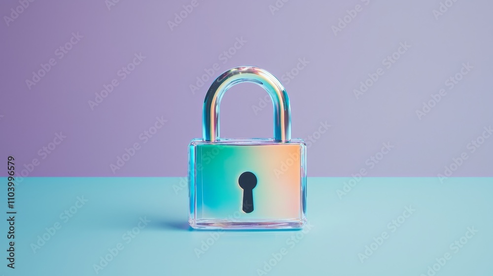 Ethereal Iridescent Padlock Against Pastel Dual-Tone Background - Modern Minimalism and Security Concept Ethereal Iridescent Padlock Against Pastel Dual-Tone Background - Modern Minimalism and Security Concept