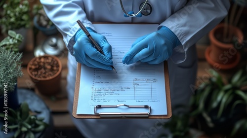 Hands, doctor and clipboard writing notes for hospital schedule, history record or healthcare checklist.