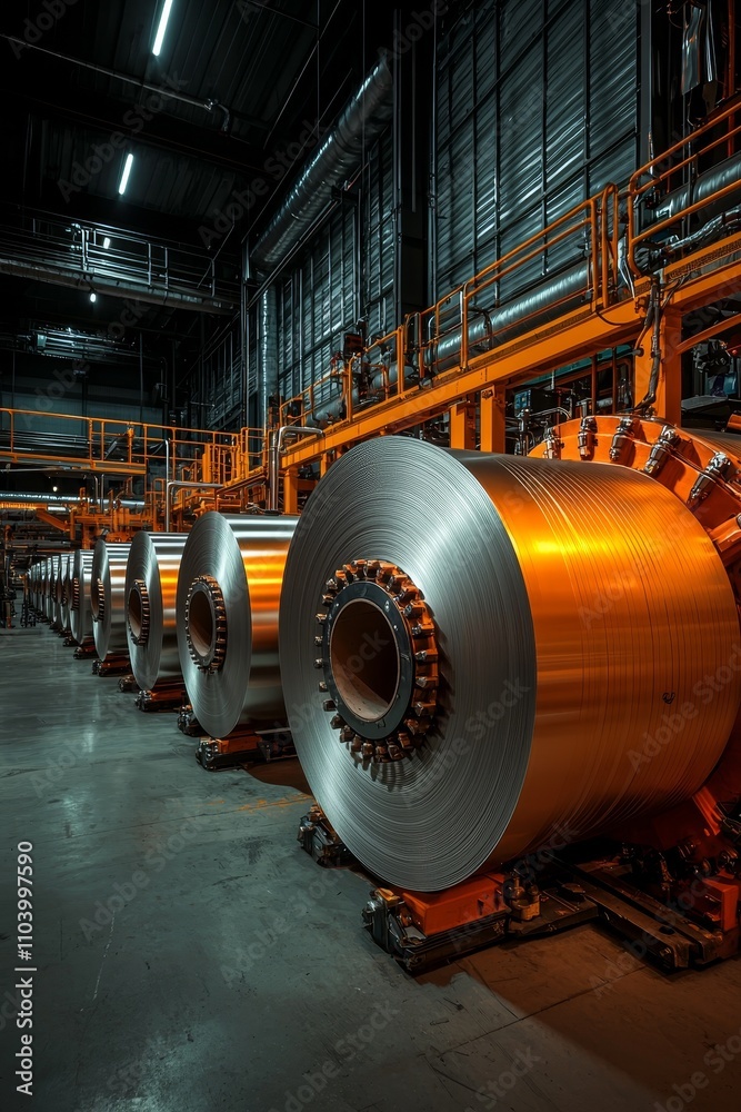 Industrial Metal Coils Closeup of Precision Rolled Steel in Dark Warehouse Setting - Moody Industrial Manufacturing Concept Industrial Metal Coils Closeup of Precision Rolled Steel in Dark Warehouse Setting - Moody Industrial Manufacturing Concept