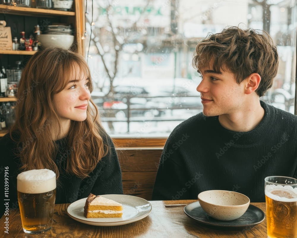 Intimate Cafe Conversation with Young Couple in Cozy Winter Setting, Romantic Relationship Moment, Warm Ambiance Intimate Cafe Conversation with Young Couple in Cozy Winter Setting, Romantic Relationship Moment, Warm Ambiance