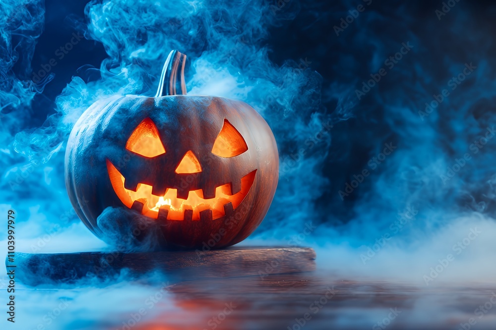 A glowing jack-o'-lantern surrounded by fog, embodying Halloween spirit. A glowing jack-o'-lantern surrounded by fog, embodying Halloween spirit.