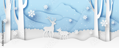 Winter landscape of snowy forest and deer. Winter landscape. paper cut and craft style. vector, illustration.