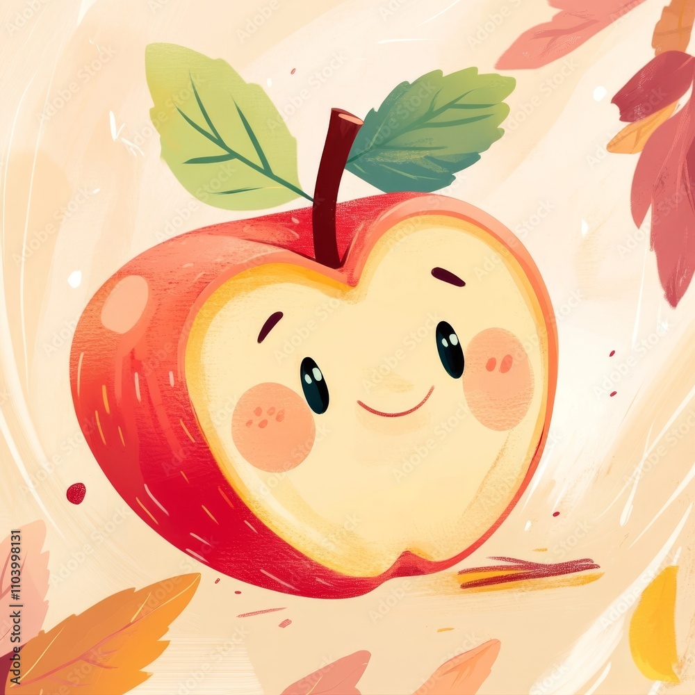 Kids illustration, a cute and lovely apple, cartoon style, thick lines, vivid color