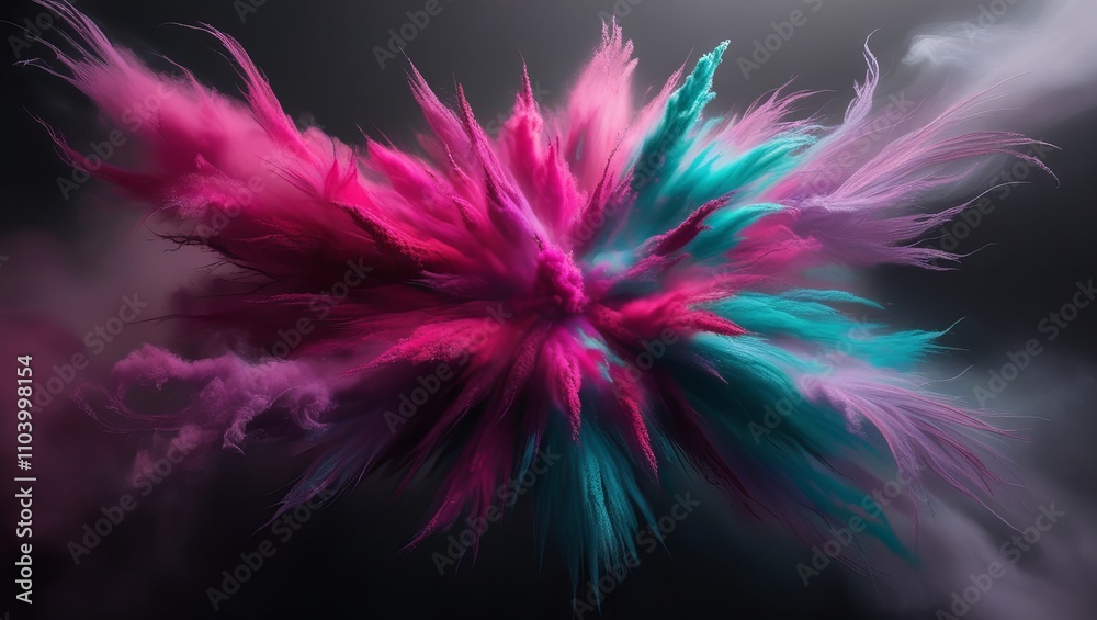 Vibrant explosion of pink, teal, and purple powder, creating a dynamic and energetic abstract artwork against a dark background. Vibrant explosion of pink, teal, and purple powder, creating a dynamic and energetic abstract artwork against a dark background.