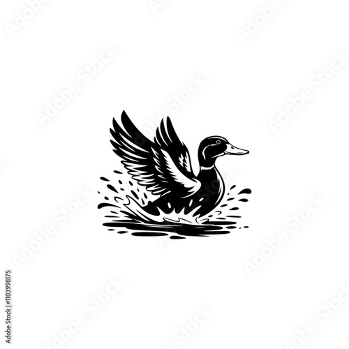 Silhouette Duck Swimming vector illustration with waves, duck silhouette