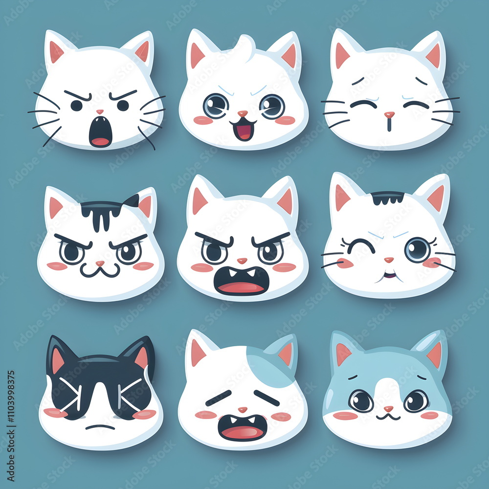 Set of Cute Cat Emoticons for Digital Design, Social Media, and Creative Projects