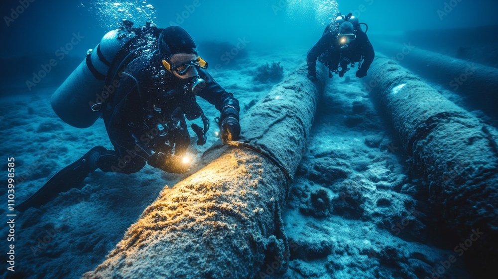 Maintenance divers inspecting a submarine cable connection