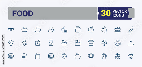Food icon set. Related to cheese, meat, bottle, egg, roll, cup, cooking, nut. Set of line pictogram. Vector illustration in modern line style.