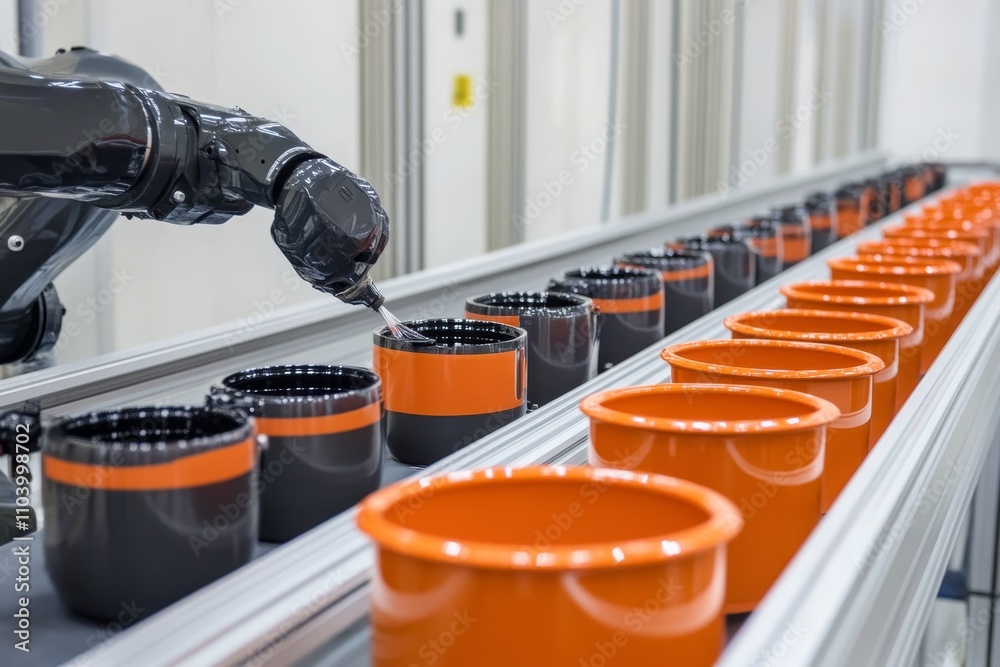 Robotic Arm Painting Process in Modern Manufacturing Facility Showcasing Precision and Automation in Production Line with Colorful Plastic Buckets