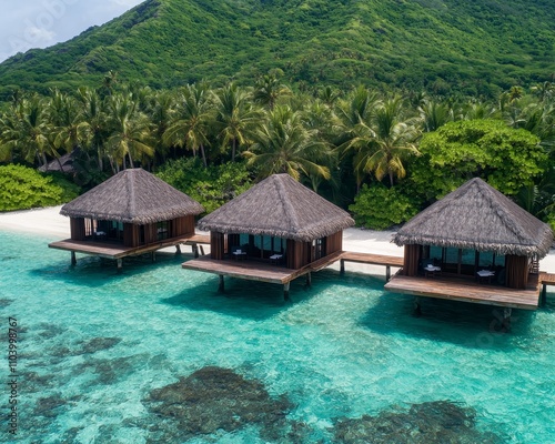 Luxurious Overwater Bungalows on Tropical Beach - Serene Paradise Escape with Turquoise Waters and Lush Greenery