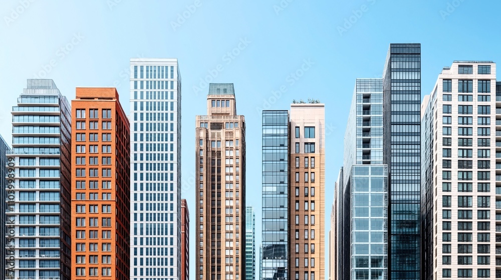 Obraz premium Panoramic cityscape featuring diverse modern skyscrapers against a clear sky, showcasing various architectural styles and materials in an urban skyline.