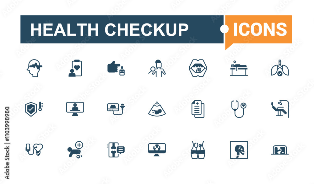 Health Checkup line icons set. Contains related to care, exam, symptom, medical, monitor, examination. Outline icon collections. Vector line and solid icons. Health Checkup line icons set. Contains related to care, exam, symptom, medical, monitor, examination. Outline icon collections. Vector line and solid icons.