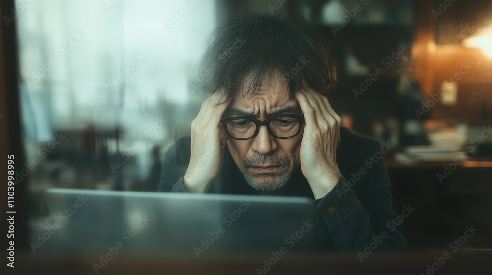 A worried man with glasses is sitting in front of his laptop with his head in his hands. A worried man with glasses is sitting in front of his laptop with his head in his hands.