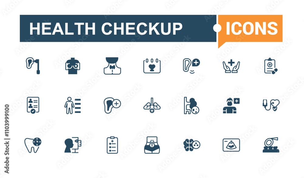 Health Checkup line icons set. Contains related to care, exam, symptom, medical, monitor, examination. Outline icon collections. Vector line and solid icons. Health Checkup line icons set. Contains related to care, exam, symptom, medical, monitor, examination. Outline icon collections. Vector line and solid icons.