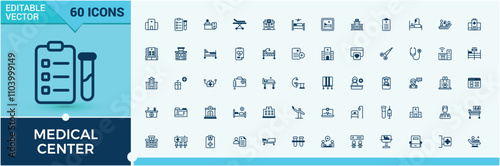 Hospital thin line icon set. Contains such icons as helicopter, pulse, market, science, monitor, stethoscope, aid, glyph. Simple web icons. Vector illustration in modern line style.