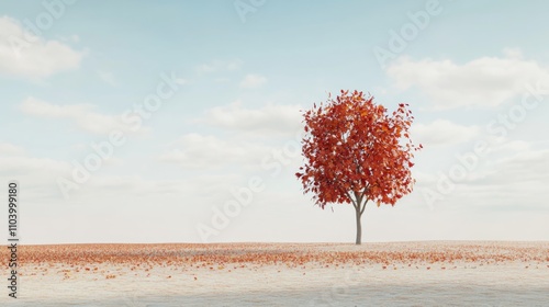 Minimalistic autumn landscape, a solitary tree with fiery red and orange leaves standing in the middle of a vast, empty field, scattered leaves around the base, the open sky is slightly cloudy