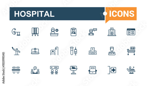 Hospital thin line icon set. Contains such icons as helicopter, pulse, market, science, monitor, stethoscope, aid, glyph. Simple web icons. Vector illustration in modern line style.