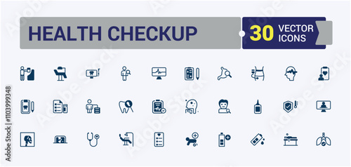Health Checkup line web icon set. Contains related to pharmacy, stethoscope, doctor, care, exam, health, healthy and more. Thin linear style icons. Editable vector outline and solid icons.