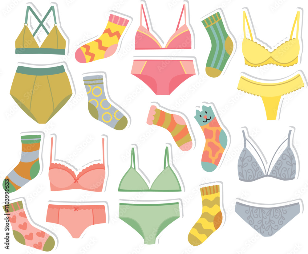 Set of cute stickers with lingerie and socks in pastel colors. Hand drawn illustration of elements of women's wardrobe Set of cute stickers with lingerie and socks in pastel colors. Hand drawn illustration of elements of women's wardrobe