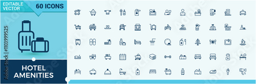 Hotel Amenities icon set. Featuring break, taxi, food, receptionist, single bed, swimming and more. Flat UI icon design. Solid line editable stroke.