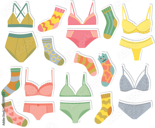Set of cute stickers with lingerie and socks in pastel colors. Hand drawn illustration of elements of women's wardrobe