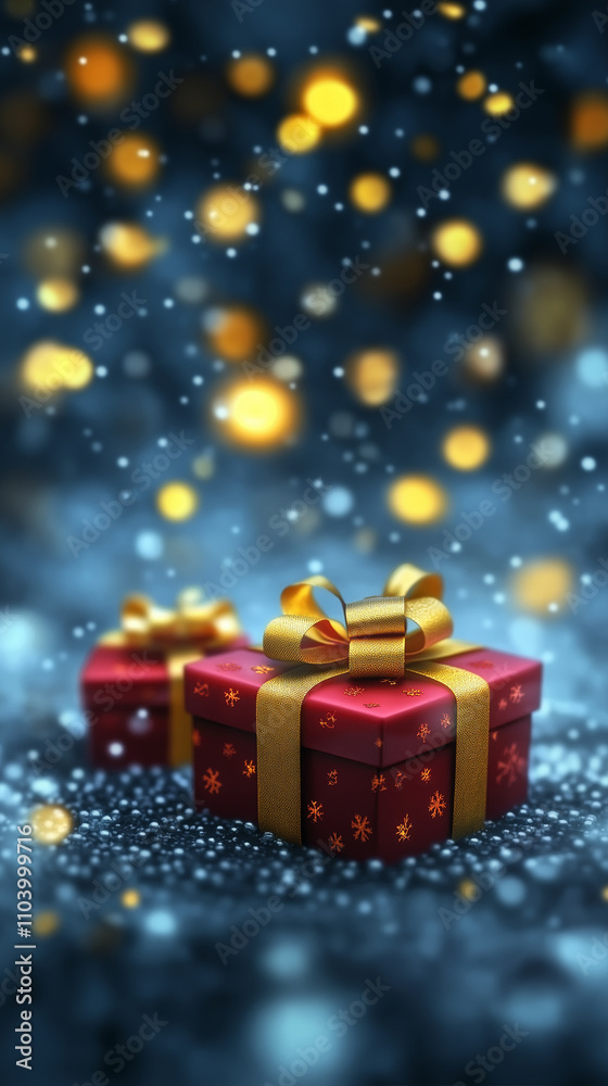 Two gifts wrapped in red paper with gold ribbons forming a bow on a snowy background with small blurred lights Two gifts wrapped in red paper with gold ribbons forming a bow on a snowy background with small blurred lights