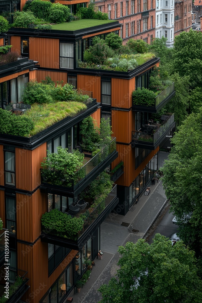 Fototapeta premium Modern Eco-Friendly Apartment Building with Green Roofs in Urban Landscape - Sustainable Architecture and Serene Environmental Design