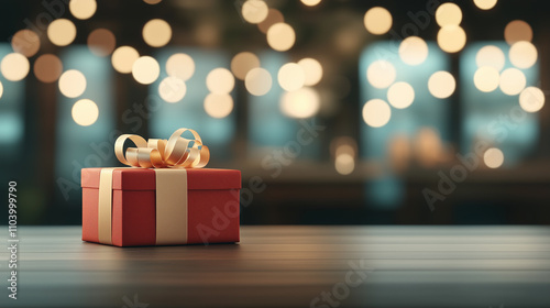 A gift wrapped in red paper with a gold ribbon rests on a wooden table and in the background small blurred lights