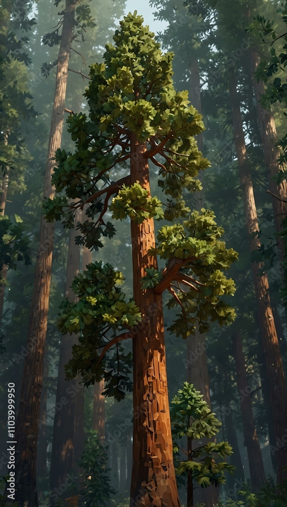 Fototapeta premium 3D render of a low-poly sequoia tree with towering height.