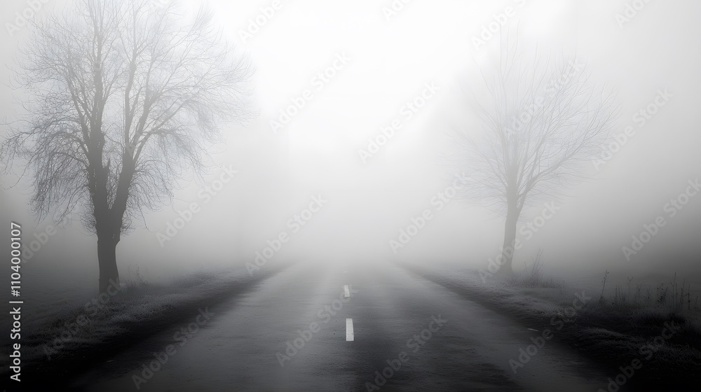 Fototapeta premium Foggy Road Between Bare Winter Trees